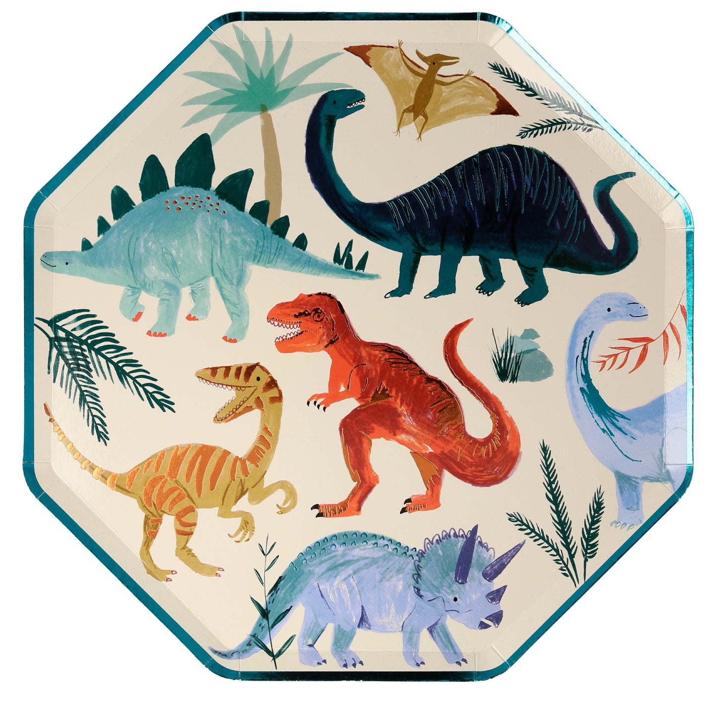 A large octagonal Meri Meri plate with teal blue, burnt orange, and golden yellow illustrated dinosaurs.